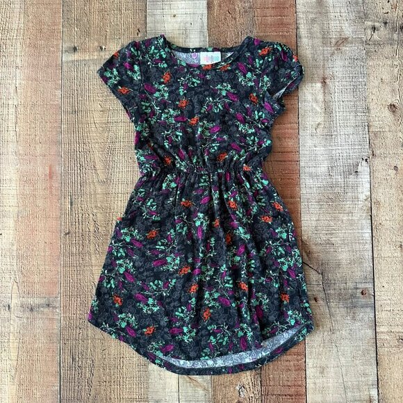 LuLaRoe Girls Floral Dress Size 6 Black Multicolor Short Sleeve Knee Length - Picture 1 of 6